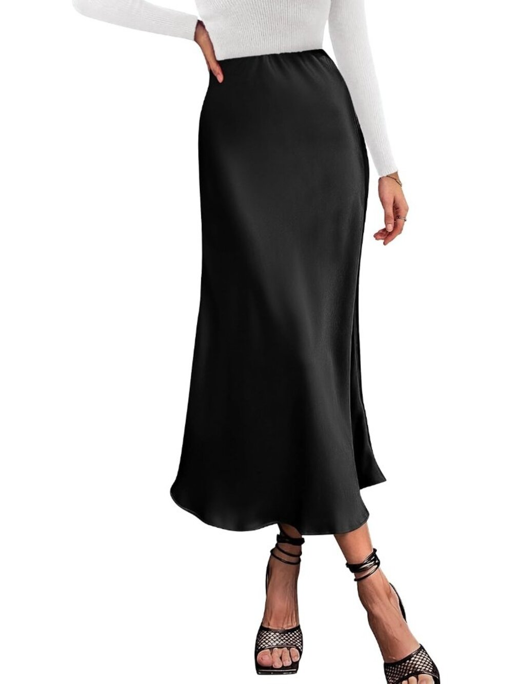 Women Black High Waist Satin A-Line Elegant Slip Bias Cut Flowy Long Midi Skirt